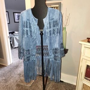CHICO'S faux suede lace fringe jacket 2, Small Womens Casual Boho